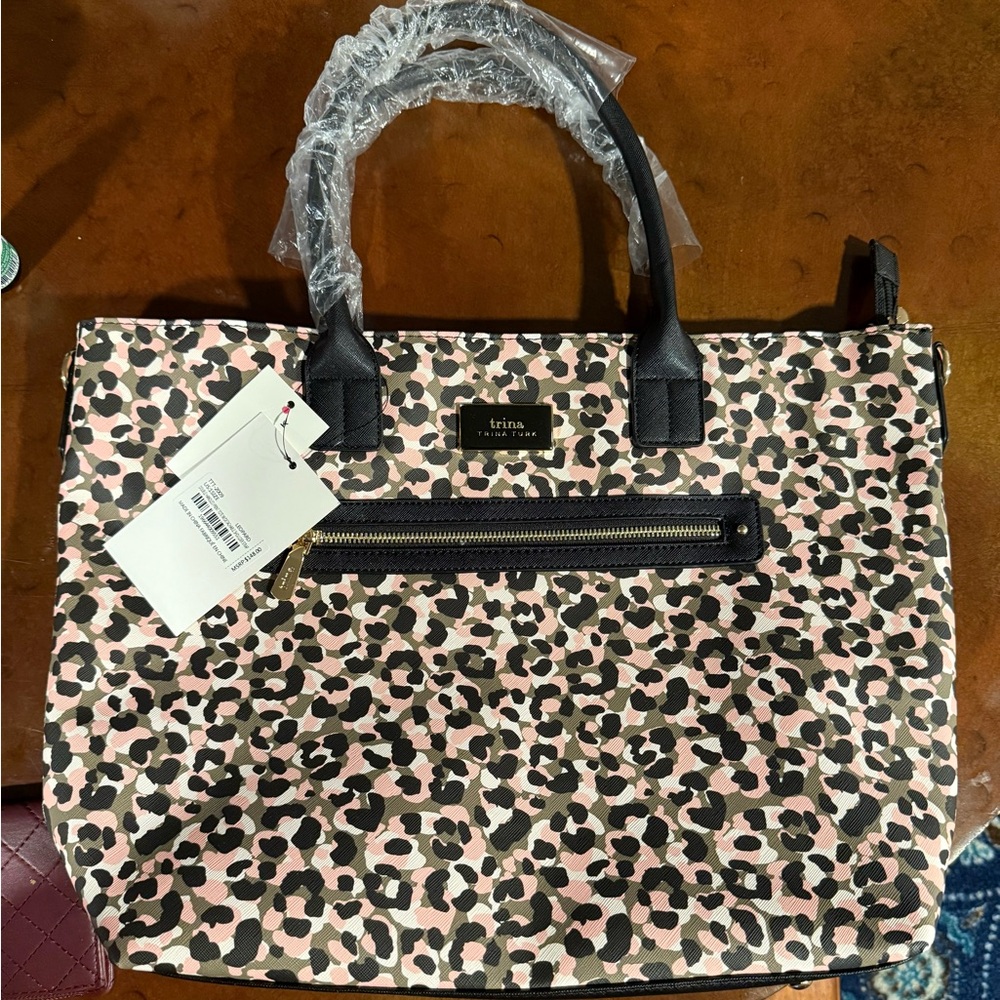 Trina Turk Black and Pink Leopard Tote